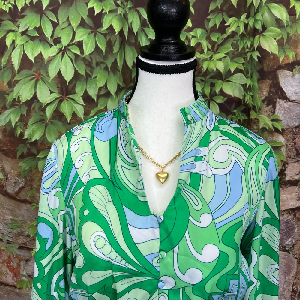 MOHITO Mod 60sStyle Green and Blue Cropped Swirl Blouse, 36/Small/4-6 - Picture 3 of 14